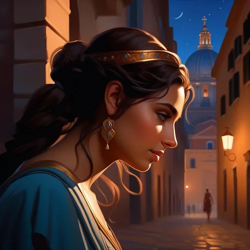 Prompt: Third person, gameplay, Roman girl, olive skin, brown hair, brown eyes, 2020s, Rome at night, warm atmosphere, cartoony style, extremely detailed painting by Greg Rutkowski and by Henry Justice Ford and by Steve Henderson 