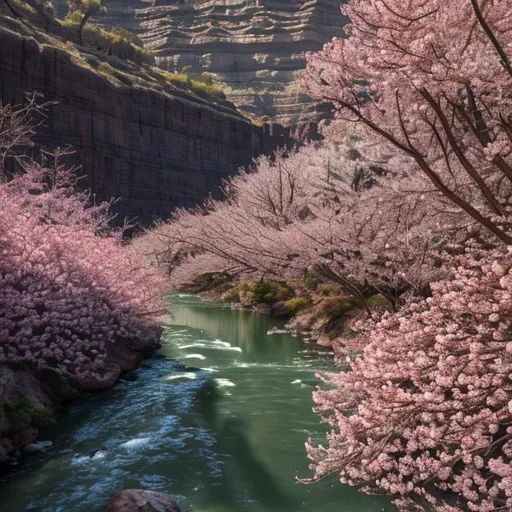 Prompt: fantastic photo of a river coming from a canyon in early morning of spring, god rays highlight the Cherry bloom and rose growing beside the river. UHD 8k DSLR Photo with Pentex by Wayne Barlowe and Jim Burn, The Lord of the Rings. 