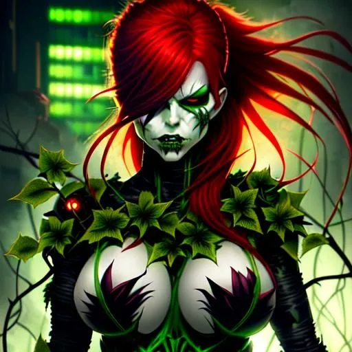 Prompt:  Ultra Detailed FEMALE Poision Ivy DC VILLIAN GREEN SKIN RED HAIR CYBERPUNK STYLE HOLDING DEAD PLANTS ANGRY EXPRESSION 

APOCLYPSE FOREST 