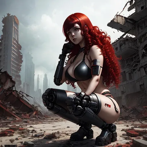 Prompt: female cyborg in ruins, post-apocalyptic, Ilya Kuvshinov, red hair, long curly hair, grey eyes, black leather bikini, curvy,  squatting pose