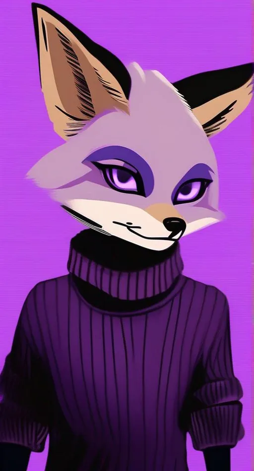 Prompt: purple punk hair, purple fennec fox, purple eyes,  dark brown long sweater with sleeves, black pants with a black belt