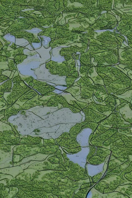 Prompt: a map over a modern rural area, not very detailed and not very saturated in color. mainly use greens, blues, grays and browns, with quite low contrast. include a little bit of water streams, but mostly green areas, forests, roads and towns