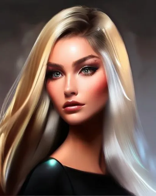 Prompt: extraordinarily detailed woman, cute expression, heavy makeup, smokey eye, ,brush stroked hair, gorgeous digital painting, stunning digital illustration, beautiful digital artwork, stunning digital art, digital art. photo-realistic, amazing likeness, glamorous hairstyle, gorgeous digital art, like rolf armstrong style, elegant digital painting