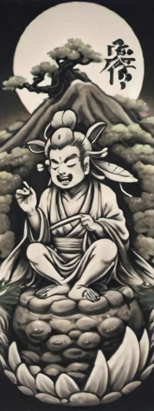 Prompt: Japanese mythology getting high off weed