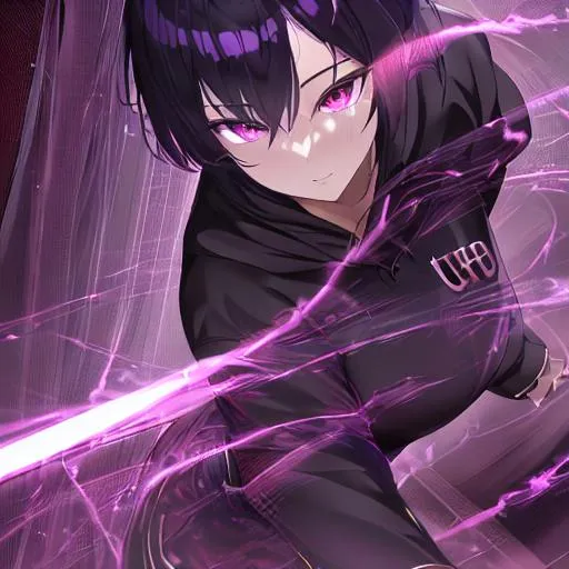 Prompt: UHD, hd , 8k,  anime, hyper realism,   Very detailed, zoomed out view, clear visible face, full character in view, clear visible face, standing , short black hair, glowing purple eyes, holding two daggers, handsome man, hoodie