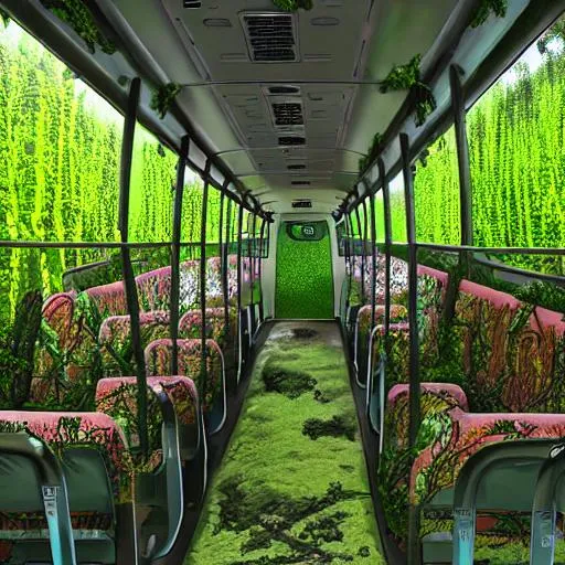 Prompt: The inside of a bus overtaken by moss and vines with an apocalyptic feel to it with hd uhd ultrarealistic 8k