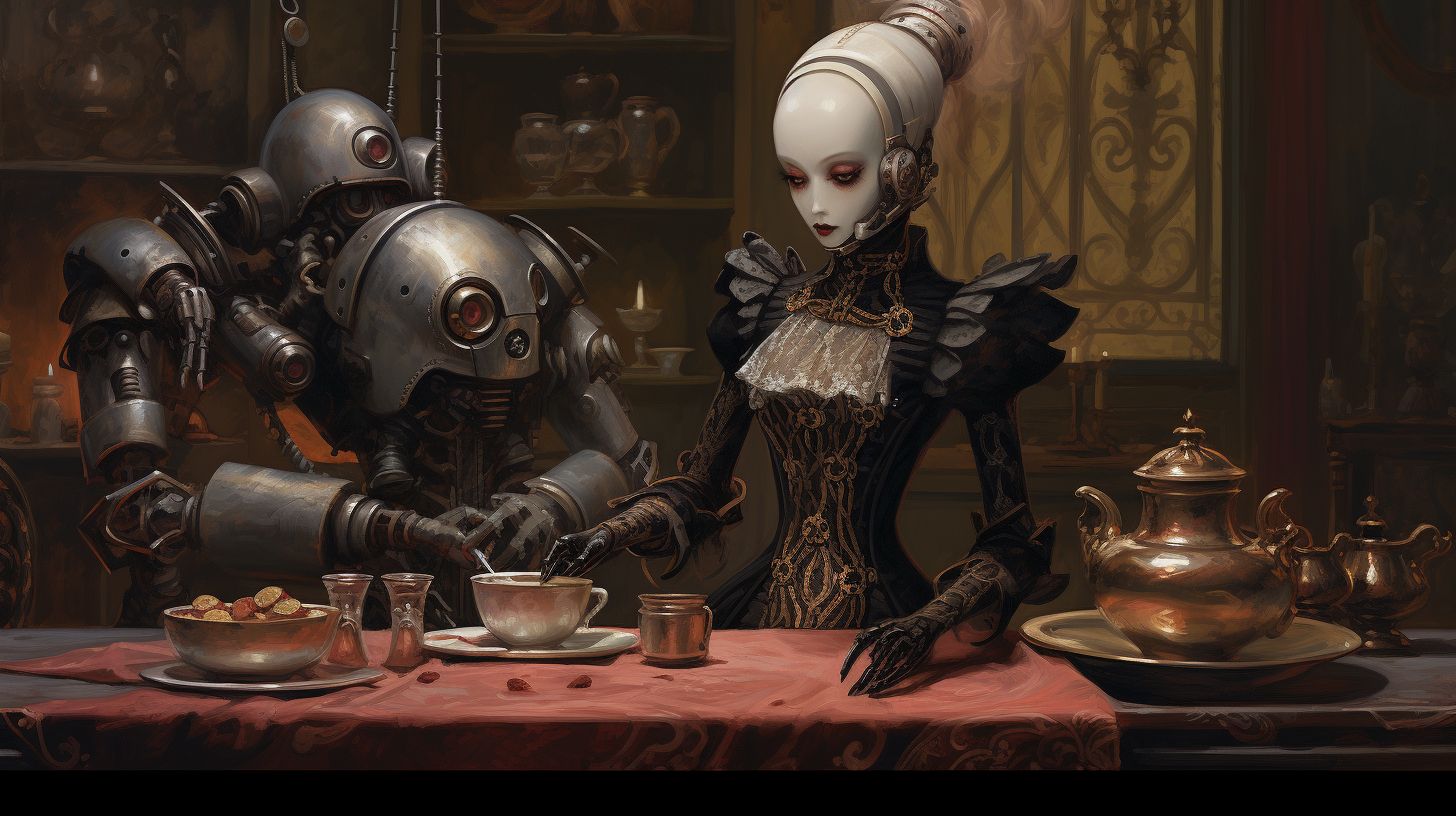 Prompt: Oil painting of a sophisticated steampunk droid embodying feminine elegance. Adorned in attire reminiscent of the Victorian age, her structure is an artful combination of metal components and intricate machinery. Standing beside an antique table, her delicate mechanized hands skillfully serve tea from a metallic kettle into a classic cup, all set against a backdrop oozing historical charm