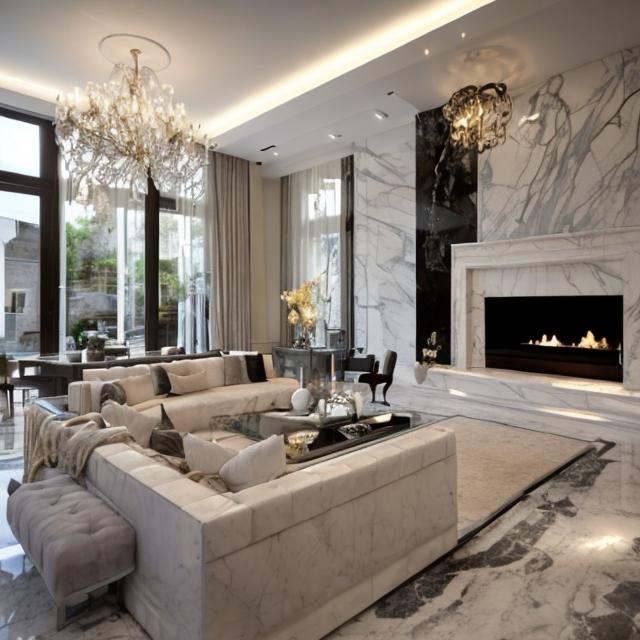 modern living room with marble fireplace