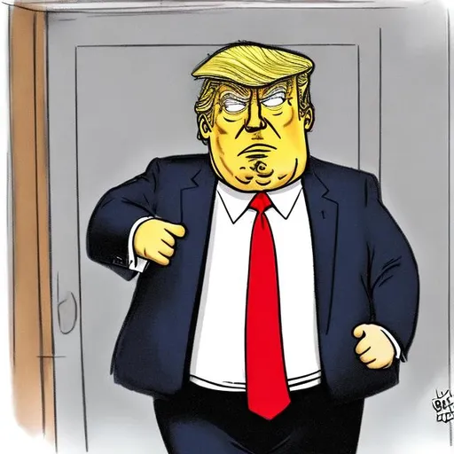 Prompt: 
Trump-Cartoon:  one frightened obese Trump getting arrested, in too long red tie and darkblue suit, handcuffs, black-haired FBI with blue tie, Simpson style