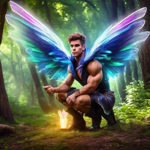 Prompt: Cute muscular hunky young  studly fae with prismatic  wings  flying in the woods