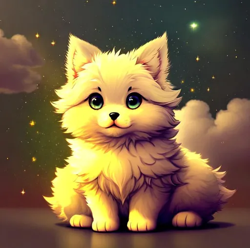 Prompt: Cute, very, very, light gray, fluffy, fantasy light puppy, with cloudy, white eyes, very, light, light, gray fur, and possessing the element of air and making circles of clouds and air move around in the air in a magical way, in a space background. Perfect features, extremely detailed, realistic. Krenz Cushart + loish +gaston bussiere +craig mullins, j. c. leyendecker +Artgerm.