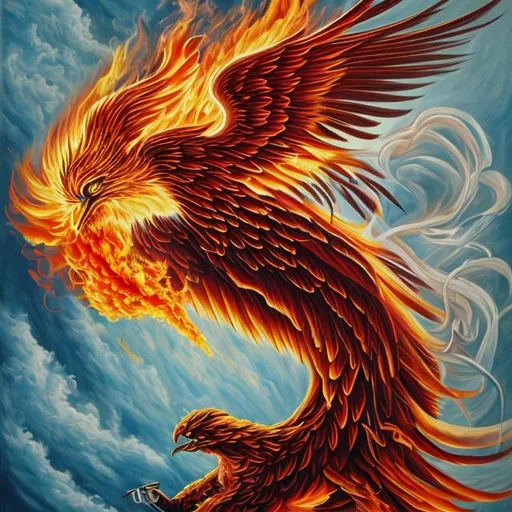 Prompt: A detailed painting of a Phoenix rising from flames smoking a cigarette