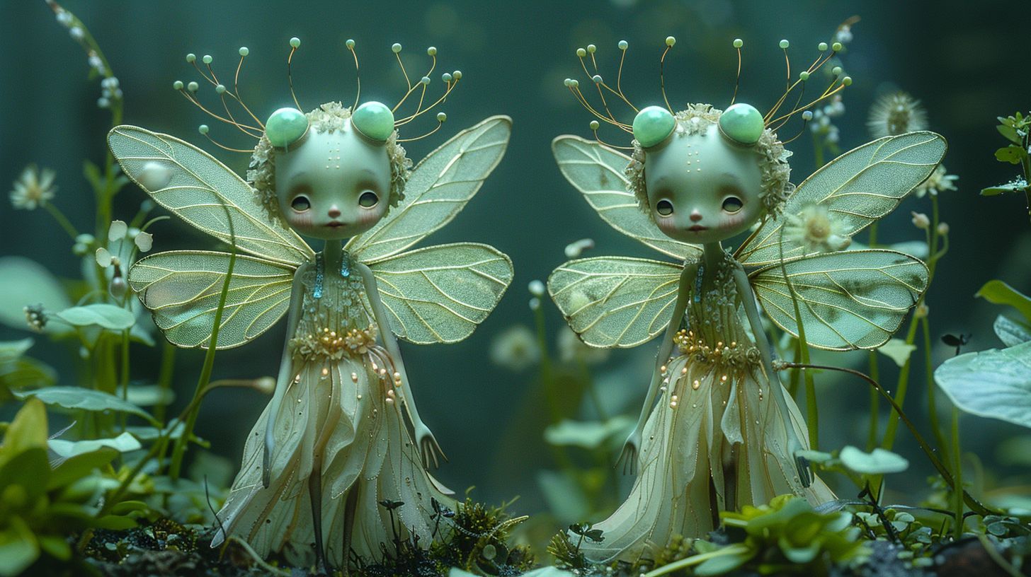 Prompt: Two luminescent fairy characters, blending soft emerald and ivory hues, embark on a tranquil promenade. Their appearance fuses futuristic McDonaldpunk elements, delicate globes, and subtle nods to Shin Hanga's haunting elegance.