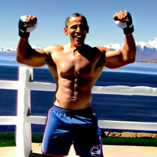 Prompt: president Barack Obama punching god. Obama is a  giga chad without a shirt looking good with amazing muscles and a big grin and full body zoomed out and punching god 



