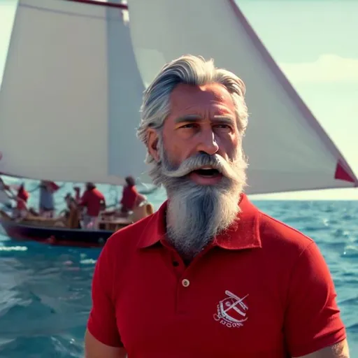 Prompt: confident claymation 45 year old handsome silver haired and bearded sailor wearing a red polo shirt while raising a sail solo



