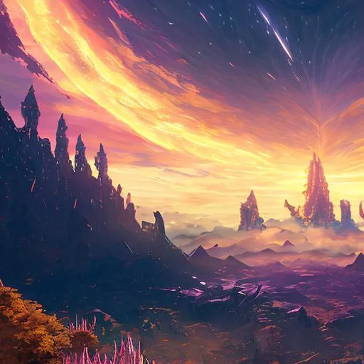 Prompt: galaxy intense colors, warm hues, dramatic lighting, epic composition, panoramic, wide angle, low angle, by Miyazaki, Nausicaa Ghibli, Breath of The Wild