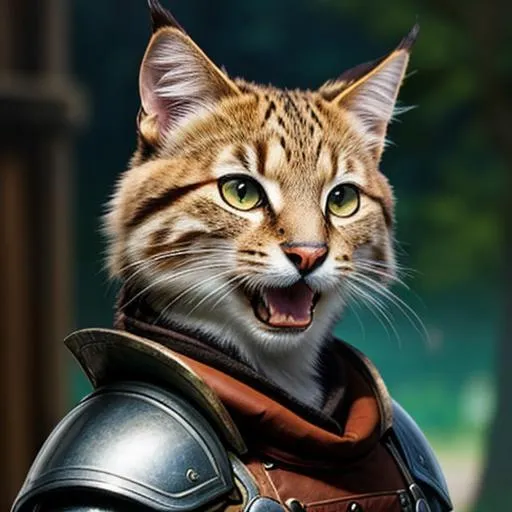 Prompt: A female calico tabaxi wearing leather armor. Her face wears a roguish smile.
