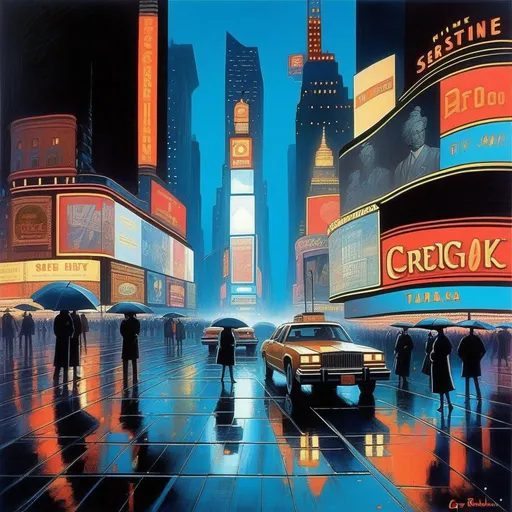 Prompt: 1980s, Times Square at night, creepy, rain, fog, cold blue atmosphere, cartoony style, extremely detailed painting by Greg Rutkowski and by Henry Justice Ford and by Steve Henderson 

