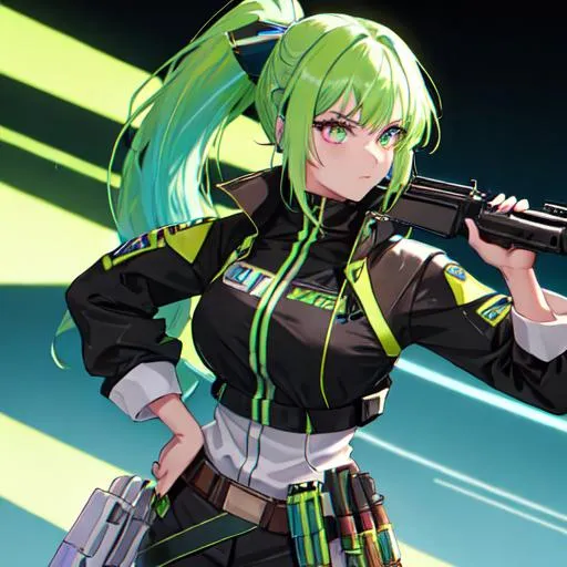 Prompt: She has a long, distinctive neon-green that fades to neon-blue hair in a ponytail, heterochromia eyes, wearing a western brown bounty hunter uniform, with a gun in her hand
