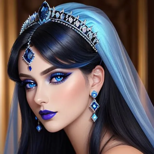 Prompt: a Sapphire lady, feminine elegant princess ,  dark hair, large blue eyes, wearing jewls in her hair,  beautiful makeup, blue eyeshadow, dark pink lipstick, facial closeup