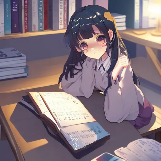 Prompt: anime lofi girl studying at night with uniform and with computer