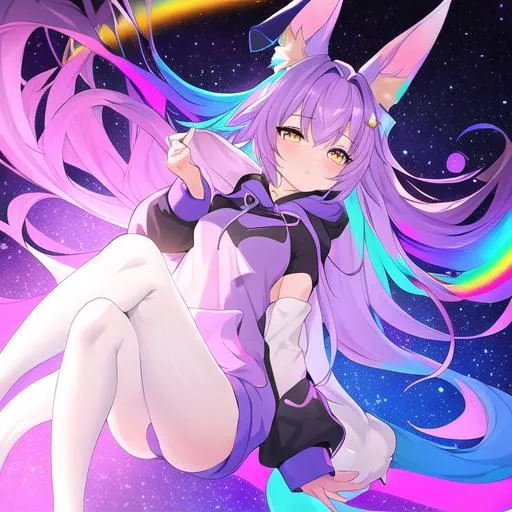 Prompt: A dreamlike state of color clean lines, pastel high contrast of an anthro fursona adult female furry brown rabbit wearing a purple cozy hoodie with constellations adorning the sleeves who's rainbow and in the light, main color red and blue, surface like an oil spill,  high detail, full animal, artstation, splash of color, dynamic lighting full body in frame