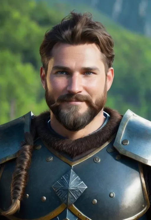 Prompt: Digital Art, 40-year-old viking man, brown hair, medium length wavy hair, subtle smile, a couple of wrinkles short trimmed beard, short trimmed mustache, brown eyes, blue gear, yellow armor, unreal engine 8k octane, 3d lighting, full body, full armor