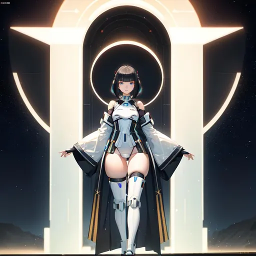 Prompt: a lonely AI girl, very tall, thick thighs, wide hips, long legs, slender waist, big beautiful symmetrical eyes, aloof expression, bob haircut with bangs, (as a Jedi in "Star Wars"), 12K resolution, hyper quality, hyper-detailed, depth of field