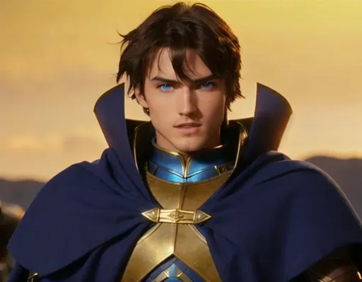 Prompt: 64K UHD HDR Ultra-Realistic Center View of Lodoss Liberation Army, Young Male Knight, Parn. Blue Cape tied across shoulders covering Brown Medieval Knight Armor from both sides. Brown Skin. Blue Eyes. Short Dark Hair. Evening.