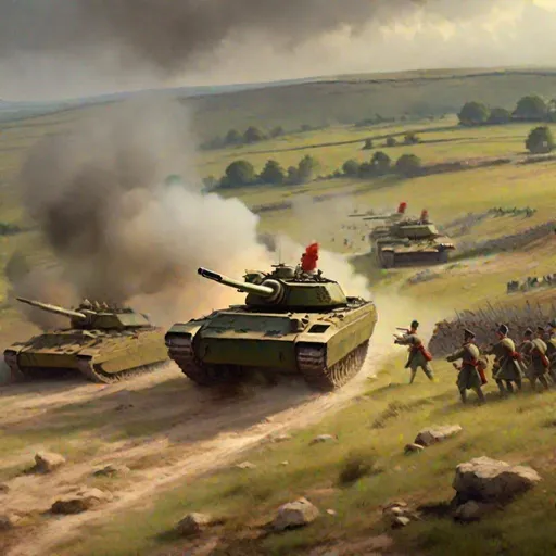 Prompt: Napoleonic War, Hill, Painting Art, main battle tank, british army