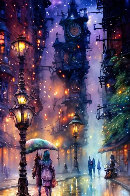 Prompt:  Cobblestone street, Fantasy Forest trees, Man and woman with umbrella at center, Watercolor, steampunk, New York City street,  near death experience, buildings,  trees, tall trees along street, storefront, sunrise, petals rain, watercolor , New York City,  art by Daniel Merriam, Josephine Wall, Jeremy Lipkin,  Alayna Danner,  super clear resolution,  intricate, highly detailed, crispy quality, dynamic lighting, hyper-detailed and realistic, fantastic view