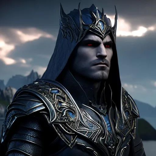 Prompt: Ultra realistic 3D render of vampire Raziel scowling as he surveys the ruins of the Lake of the Dead from its central islet. Ancient gray vampire flesh contrasts with metallic gray and blue spectral armor. Twin curved horns protrude from his cowled hood and a single braid of gray hair  falls over his shoulder. Bladed wings folded at his back reveal torn membrane. Clawed hands grip razor-edged Soul Reaver sword. Rendered at insane resolution and detail in Unreal Engine 5 with physically based materials, volumetrics and photogrammetry to capture Raziel's decaying physiology and millennia of suffering while digital sculpting reimagines his iconic armor and wings in photorealistic detail. Trending on ArtStation for the ultimate vision of a jaded vampire searching for answers among the ruins and wreckage.