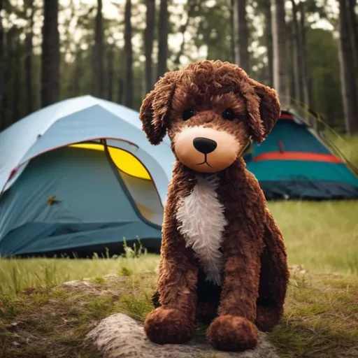 Prompt: a cute stuffed animal of a dark brown aussie doodle camping in front of a small tent trailer by a lake surrounded by a forest