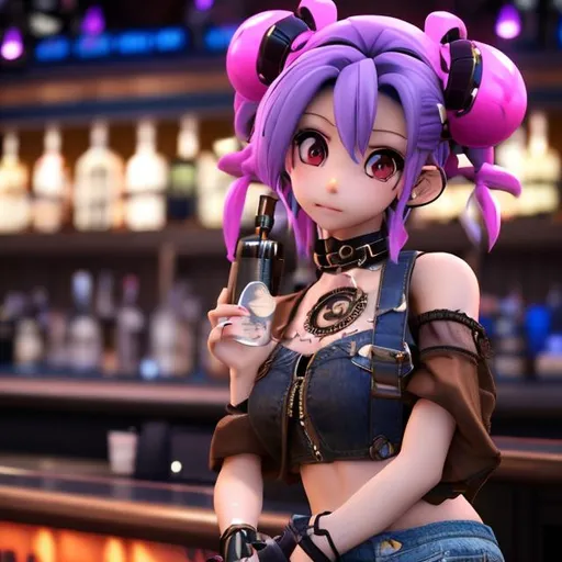 Prompt: A cute anime girl sitting at a bar, shes wearing a steampunk crop top and ripped denim shorts she had a shot of gin in her hands 
