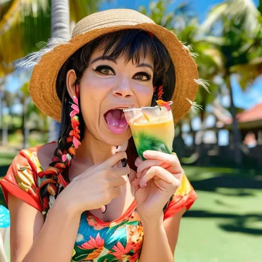 Prompt: A cat anime in a straw hat,wearing a Hawaii shirt
Eating piña colada 