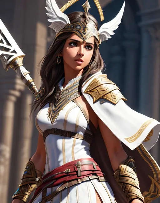 Prompt:  an attractive Naomi Scott from Assassin's Creed Odyssey toned warrior dressed wearing white dragoon artifact gear, white demon helmet, determined, fierce, hero, dirty, cloak, dramatic, Brown hair and Ultra realistic eyes, realistic tan complexion , beautiful body, muscular body, fantasy character portrait, ultra realistic, concept art, intricate details, studio lighting, symmetrical, ideal human, ultra details, super detailed, 64k, detailed body, full body, looking into the camera smooth, sharp, focus; illustration, golden ratio. By Ilya Kuvshinov 
