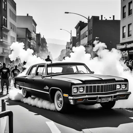 Prompt: Black and white low rider bouncing up and down in the street with city view in the background while people smoke cannabis in the area