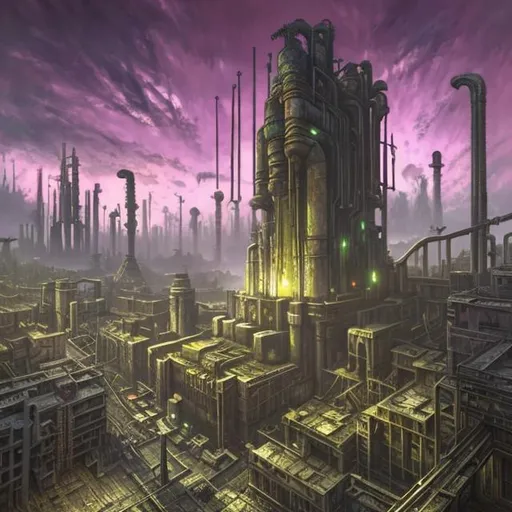Prompt:  fantasy art style, painting, brutalist architecture, brutalism, brutalist building, industrialisation, industry, power plants, concrete, metropolis, overgrown, giant, crowded, overpopulated, crowds, neon lights, green lights, purple lights, pollution, gas emissions 