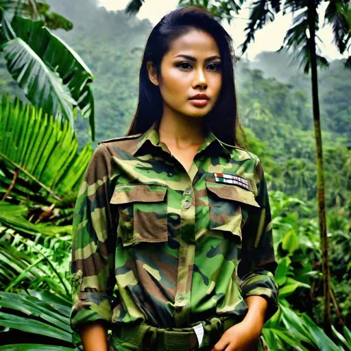 Prompt: RAW photo, 3/4 body shot, soldier, pretty young Indonesian woman, 25 year old, (round face, high cheekbones, almond-shaped brown eyes, small delicate nose), unbuttoned camouflage shirt, body armor, army, short shorts, perfect hourglass figure, scenery tropical Indonesian rain forest, lush green plants, masterpiece, masterpiece, intricate detail, hyper-realistic, photorealism, hyper detailed texturing, high resolution, best quality, UHD, HDR, 8K, award-winning photograph, octane render
