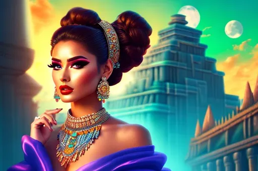 Prompt: head-on, surreal cartoon, high fashionista pose, glossy, walking toward viewer, stunning Mayan dancer, she is dressed like a summer queen, dramatic jewelry, statement necklace, background is architecture lit by the moon,  trending on artstation