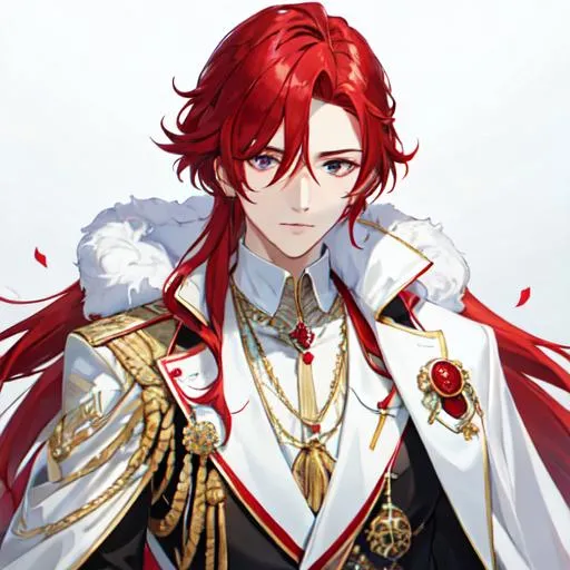 Prompt: Zerif 1male (Red side-swept hair covering his right eye) wearing a royal suit, white shawl, 