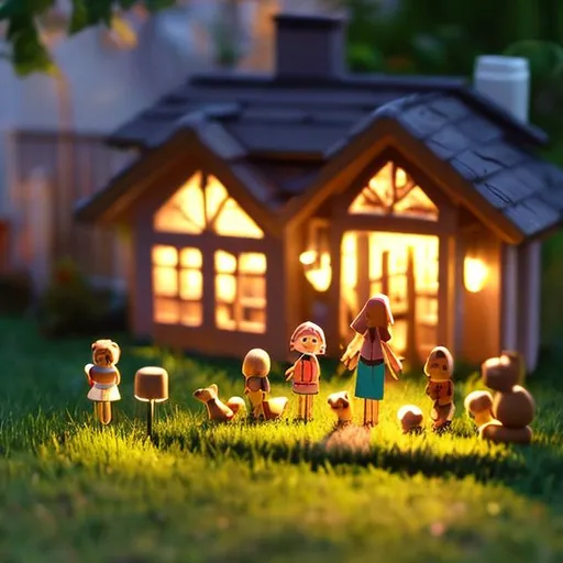 Prompt: tiny wooden family with dog, fetch ball, at night, cottage backyard forest lake summer night string lights



