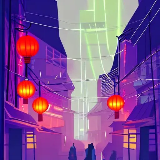 Prompt: asian city incredibly narrow dark back alley at night, neon signs, mist,  heavy rain, powerline chaos, high buildings, vector art, blue, purple, dark, moody, chillhop cover art, chinese lanterns, light garland