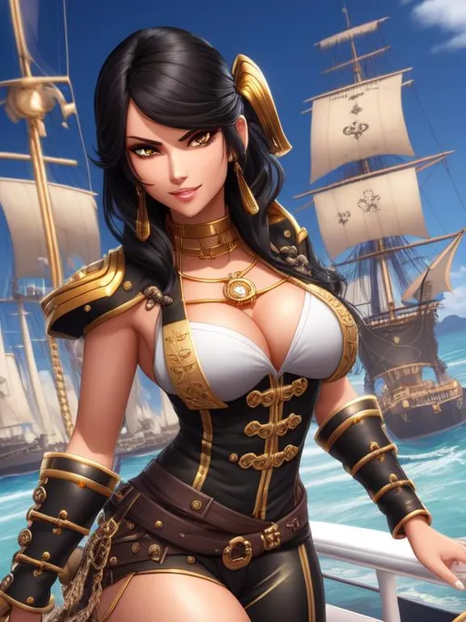 Prompt: ombre gold-black hair, pirate captain, girl, daunting, intimidating, serious, cruel smile, mole under eye, docked futuristic galleon ship in background, bodacious, mole on body, fullbody, ((full body)) {{good looking}} {{cute}} {{good body}} {{tight}}, symmetrically colored hair, {{shadows}},
