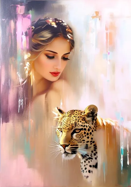 Prompt: Contemporary oil painting, fresh, dreamy,delicate, soft light. Woman with leopard. Color splashes and drips.