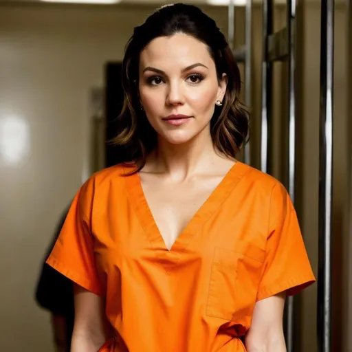 Prompt: katherine mcphee in prison wearing orange scrubs prison uniform