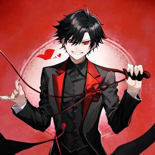 Prompt: Damien (male, short black hair, red eyes) grinning seductively, holding a whip