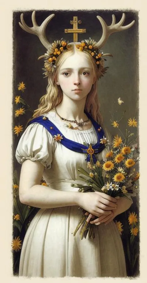 Prompt: Blond girl with flowers ( lily of the valley, hyacinths, sunflowers and daisy’s)in her hair, antlers, crucifix around her neck, wearing a white dress, holding a bible, flora growing all around her, in the art style of Artemisia Gentileschi and Titian, a church in the background 