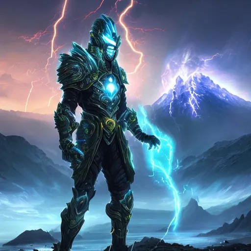 Prompt: sci-fi armoured sea
 god in an electric aura in front of snowy mountain with thunder