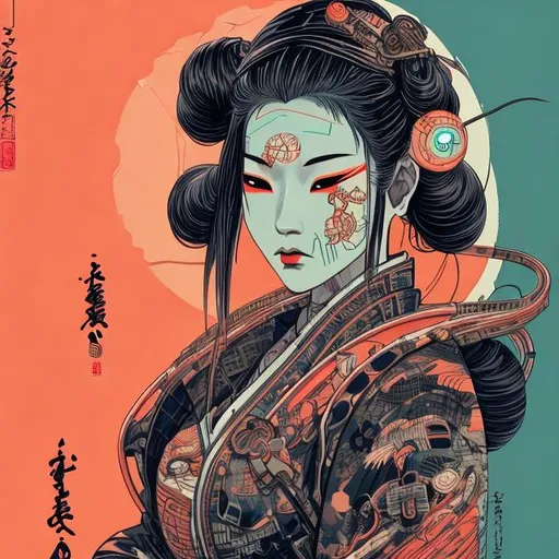 Prompt: Japanese geisha, cyberpunk， limitless, art, circle area, one color background